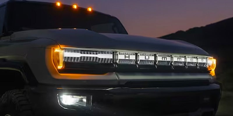 Closeup of the headlights on a GMC Hummer EV